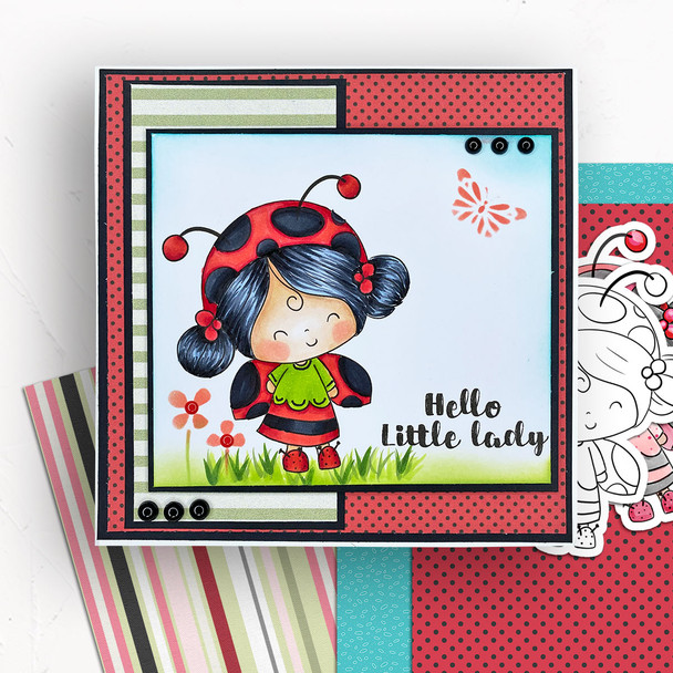 Fun Lily Ladybug Ladybird Cute digital stamp with SVG outlines for card making and crafting.