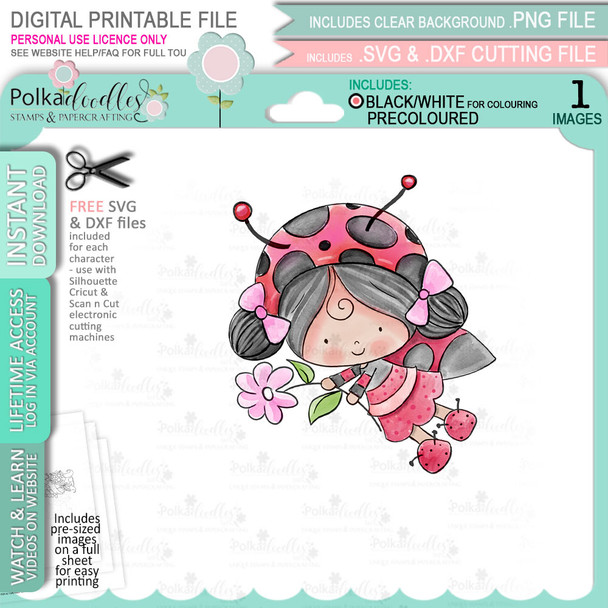 Daisy Lily Ladybug Ladybird PRECOLOURED Cute digital stamp with SVG outlines for card making and crafting.
