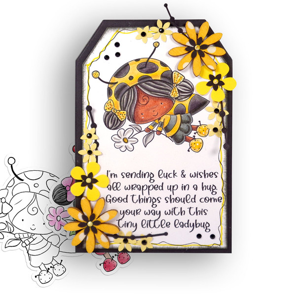 Daisy Lily Ladybug Ladybird PRECOLOURED Cute digital stamp with SVG outlines for card making and crafting.