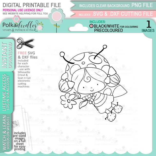 Daisy Lily Ladybug Ladybird Cute digital stamp with SVG outlines for card making and crafting.