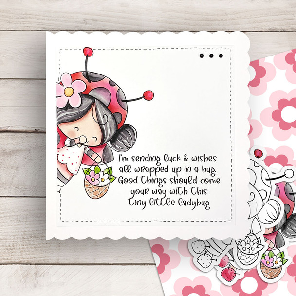 Collecting Flowers Lily Ladybug Ladybird PRECOLOURED Cute digital stamp with SVG outlines for card making and crafting.