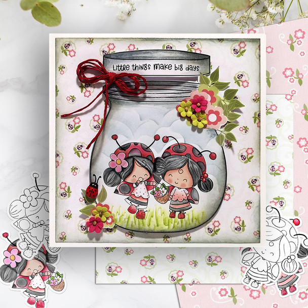 Collecting Flowers Lily Ladybug Ladybird PRECOLOURED Cute digital stamp with SVG outlines for card making and crafting.