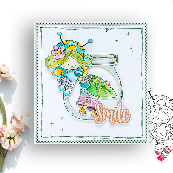 Collecting Flowers Lily Ladybug Ladybird PRECOLOURED Cute digital stamp with SVG outlines for card making and crafting.