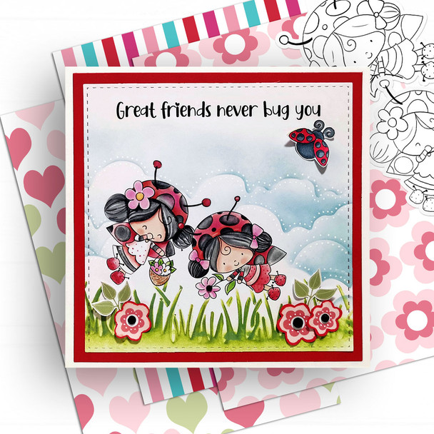 Collecting Flowers Lily Ladybug Ladybird PRECOLOURED Cute digital stamp with SVG outlines for card making and crafting.