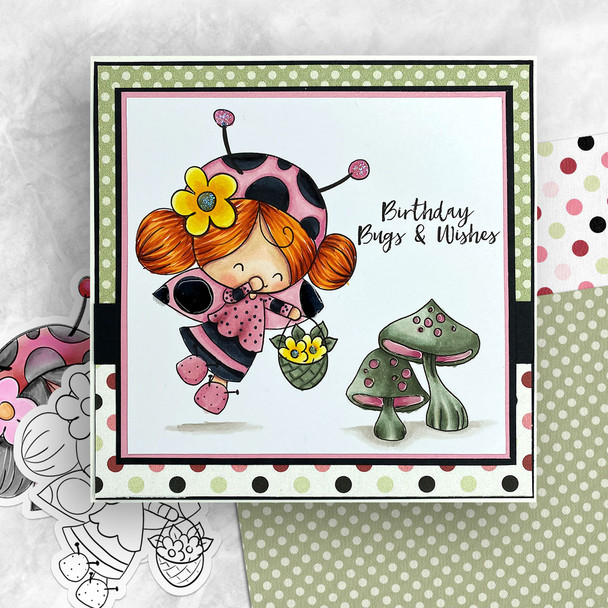 Collecting Flowers Lily Ladybug Ladybird PRECOLOURED Cute digital stamp with SVG outlines for card making and crafting.