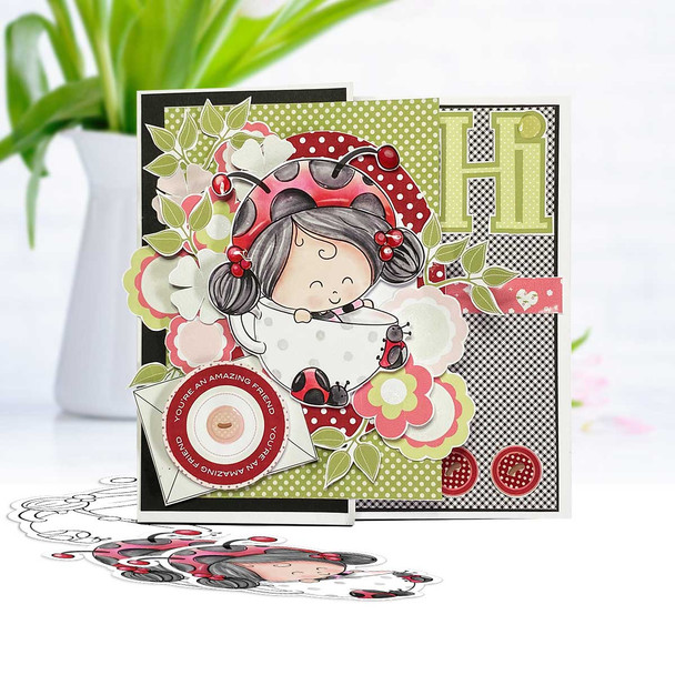 Teacup Lily Ladybug Ladybird PRECOLOURED Cute digital stamp with SVG outlines for card making and crafting.
