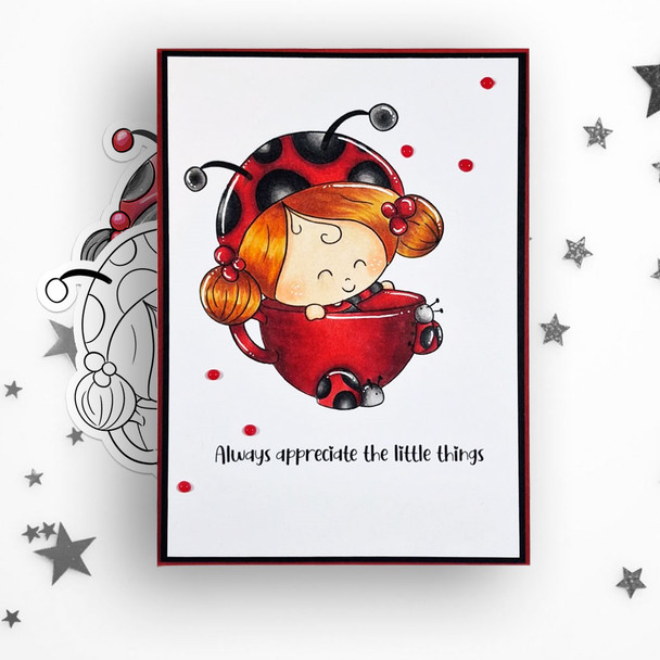 Teacup Lily Ladybug Ladybird Cute digital stamp with SVG outlines for card making and crafting.