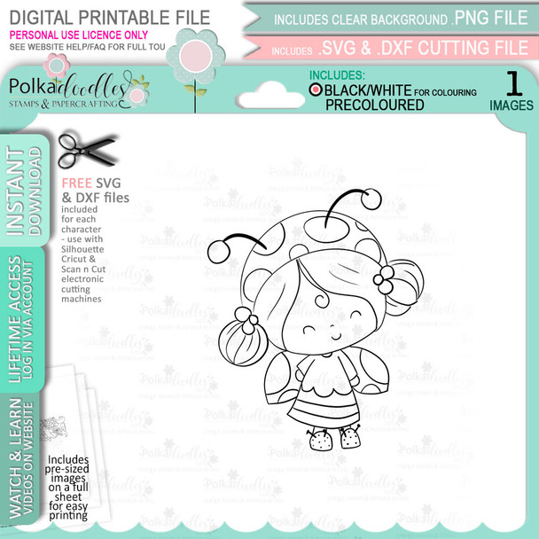 Lily Ladybug Ladybird Cute digital stamp bundle with SVG outlines for card making and crafting.