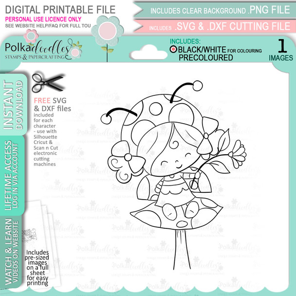 Lily Ladybug Ladybird Cute digital stamp bundle with SVG outlines for card making and crafting.