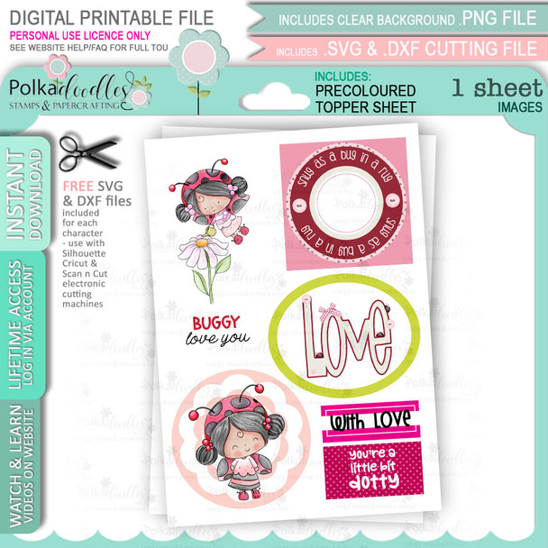 Lily Ladybug Ladybird Big Kahuna bundle - Cute digital stamp bundle with SVG outlines for card making and crafting.