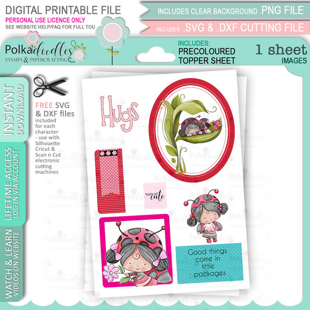 Lily Ladybug Ladybird Big Kahuna bundle - Cute digital stamp bundle with SVG outlines for card making and crafting.