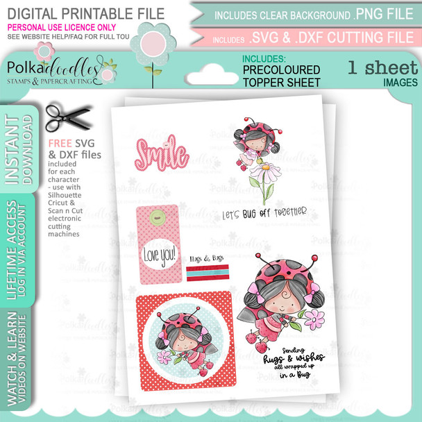 Lily Ladybug Ladybird Big Kahuna bundle - Cute digital stamp bundle with SVG outlines for card making and crafting.