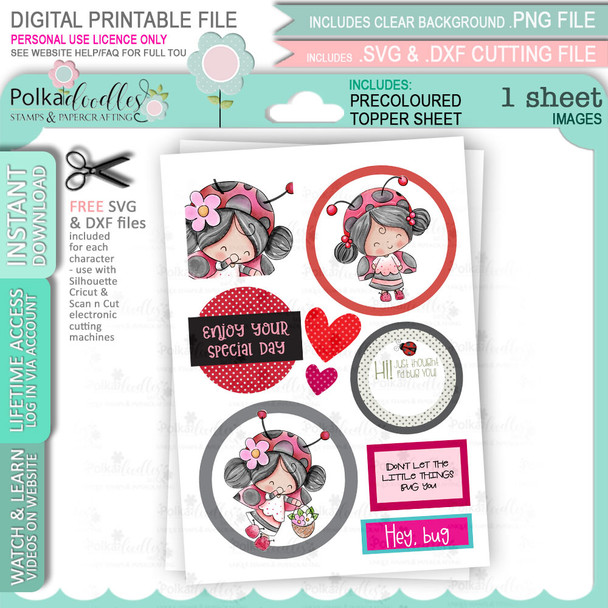 Lily Ladybug Ladybird Big Kahuna bundle - Cute digital stamp bundle with SVG outlines for card making and crafting.