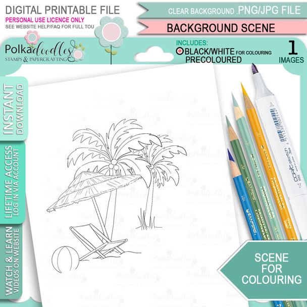 Beach Scene - Scene background for colouring. Printable craft digital stamp download