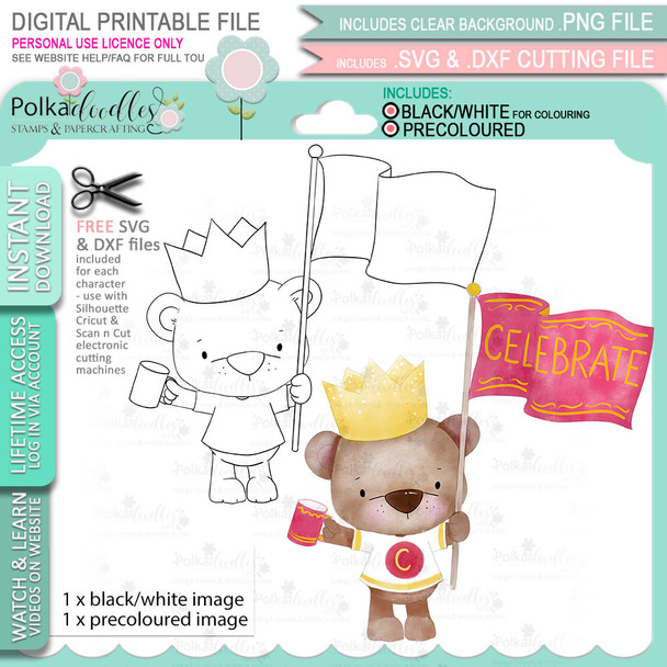 Charlie Bear Celebrate King's Coronation - printable craft digital stamp download, SVG, papers, greeting