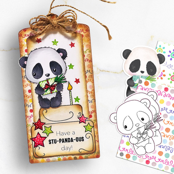 Gift parcel - Noodle Panda Bear Cute printable digital stamp with SVG outlines for card making, crafting, printable planner sticker.