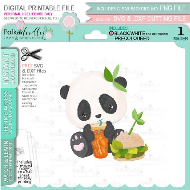 Quarter panda burger drink - Noodle Panda bear PRECOLOURED Cute printable digi stamp clipart with SVG outlines for card making, crafting, printable planner sticker