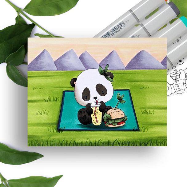 Quarter panda burger drink - Noodle Panda Bear Cute printable digital stamp with SVG outlines for card making, crafting, printable planner sticker.