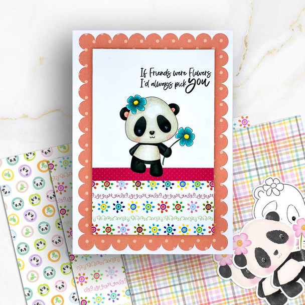 Flowers - Noodle Panda Bear Cute printable digital stamp with SVG outlines for card making, crafting, printable planner sticker.