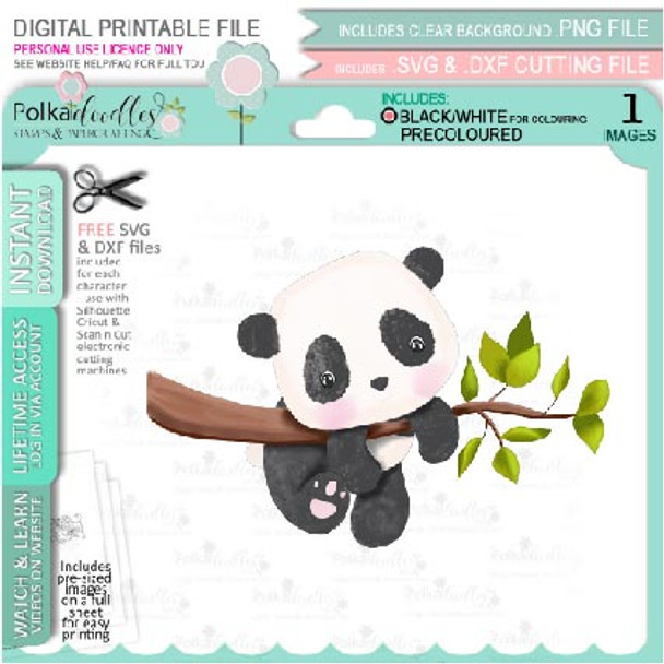 Hanging on tree branch - Noodle Panda bear PRECOLOURED Cute printable digi stamp clipart with SVG outlines for card making, crafting, printable planner sticker