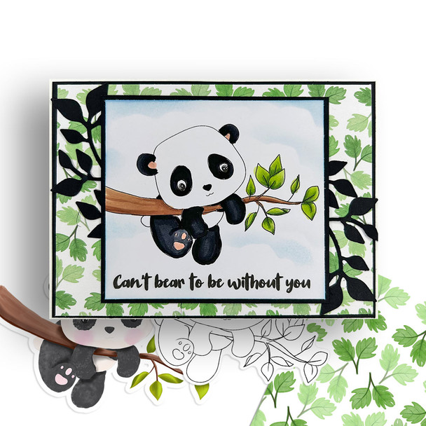 Hanging on tree branch - Noodle Panda Bear Cute printable digital stamp with SVG outlines for card making, crafting, printable planner sticker.