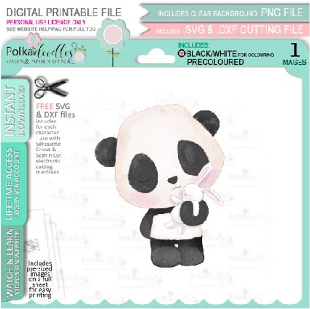 Set 1 - Noodle Panda bear cute printable digi stamp clipart with SVG outlines for card making, crafting, printable planner sticker