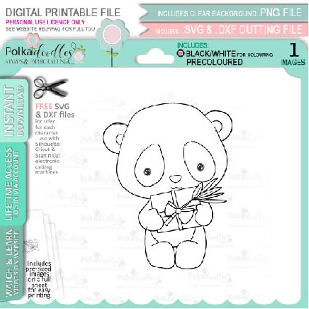 Set 1 - Noodle Panda bear cute printable digi stamp clipart with SVG outlines for card making, crafting, printable planner sticker