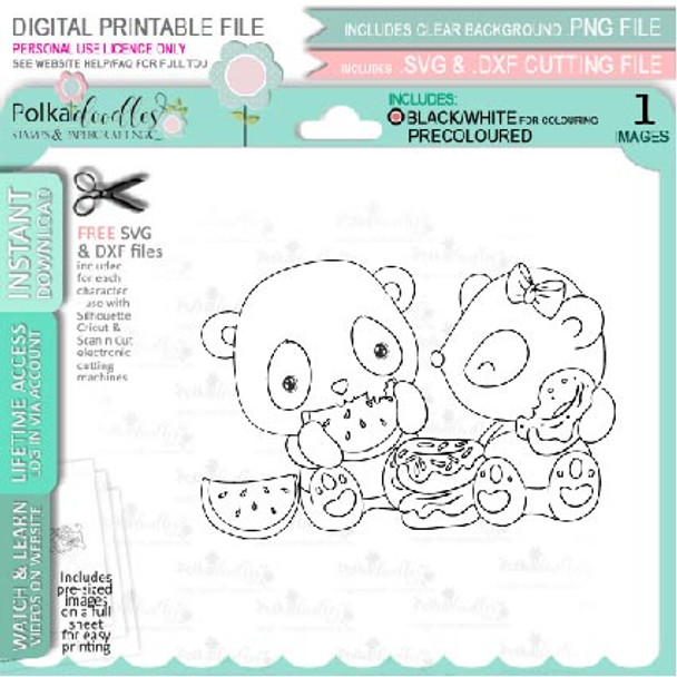 Set 1 - Noodle Panda bear cute printable digi stamp clipart with SVG outlines for card making, crafting, printable planner sticker