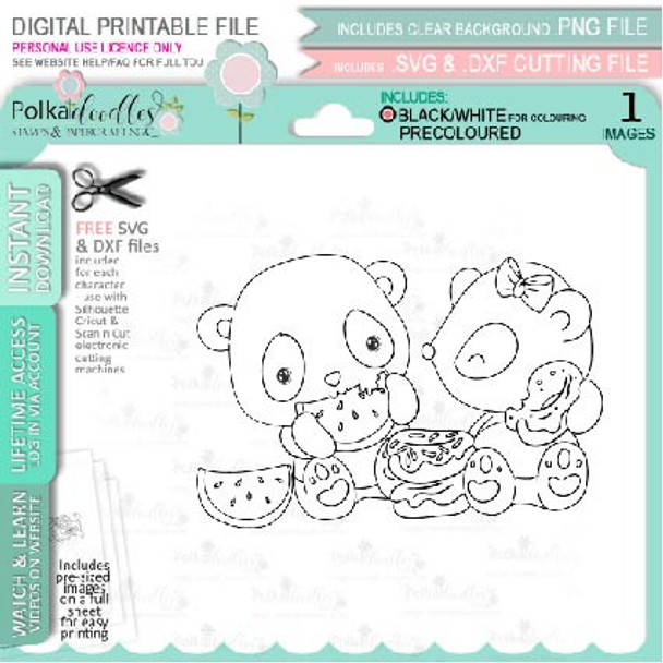 Set 1 - Noodle Panda bear cute printable digi stamp clipart with SVG outlines for card making, crafting, printable planner sticker