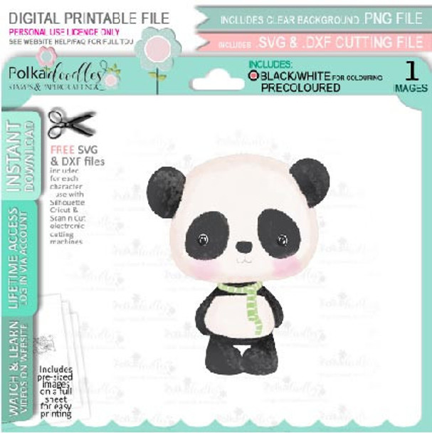 Set 2 - Noodle Panda bear cute printable digi stamp clipart with SVG outlines for card making, crafting, printable planner sticker