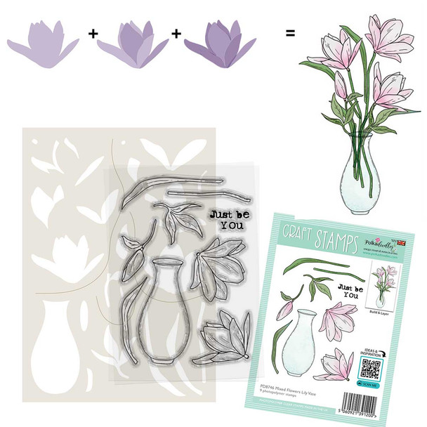 Lily Vase Flowers clear stamps with Colour and Create Stencil