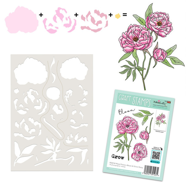 Peony Bloom & Grow Colour & Creae stenci clear craft card making stamps