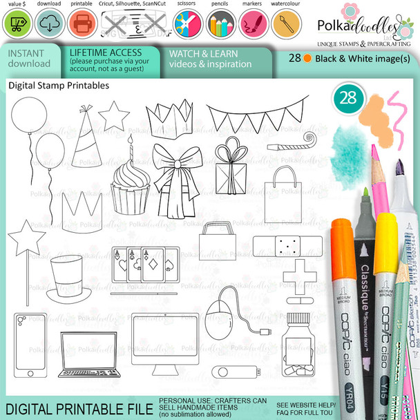 Ephemera bundle - 28 printable digital stamp with SVG outlines for card making, crafting, printable planner sticker
