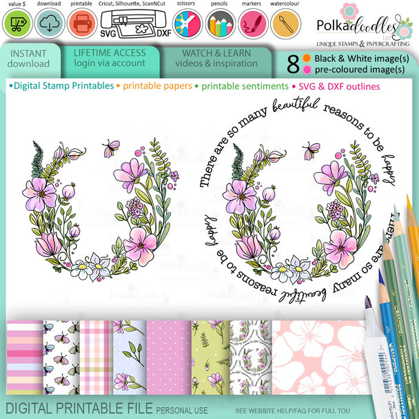 Pretty Flower Wreath -  printable craft digital stamp download, SVG, papers, greetings