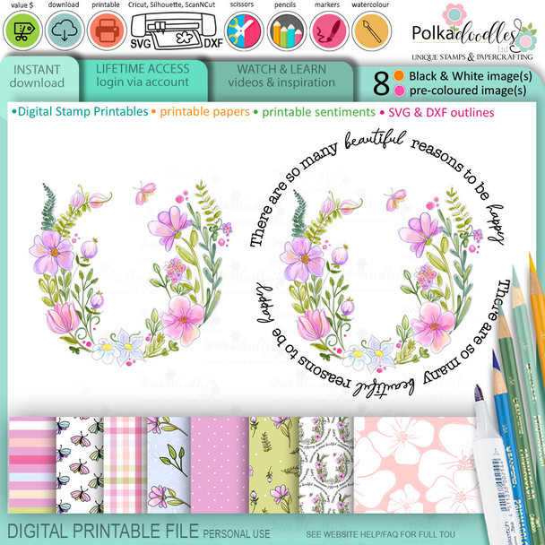 Pretty Flower Wreath -  printable craft digital stamp download, SVG, papers, greetings