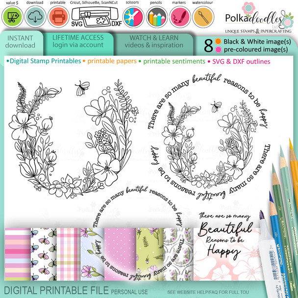 Pretty Flower Wreath -  printable craft digital stamp download, SVG, papers, greetings