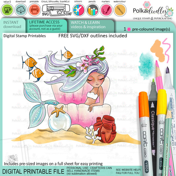Coral Mermaid Clam Shell - printable card making craft digital stamp with SVG outline - PRECOLOURED