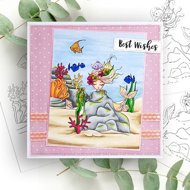 Coral Mermaid Behind the rocks - Coral Mermaid printable card making craft digital stamp with SVG outline