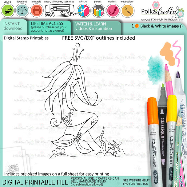 Coral Mermaid Princess  Sitting on a rock - printable card making craft digital stamp with SVG outline