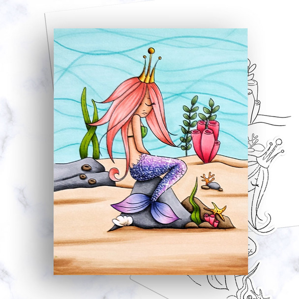 Coral Mermaid Princess Sitting on a rock - printable card making craft digital stamp with SVG outline