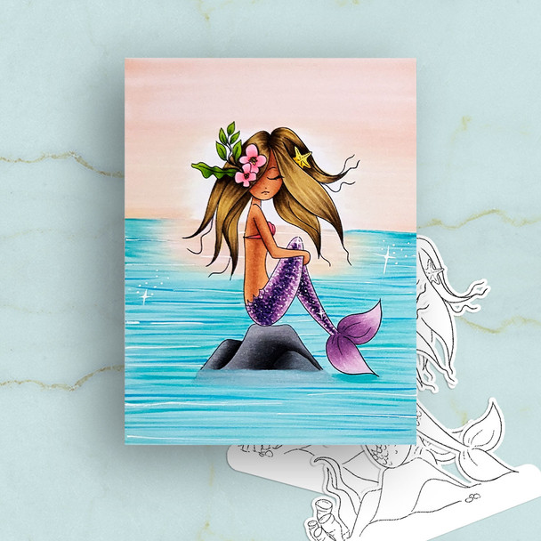 Coral Mermaid on the rocks - printable card making craft digital stamp with SVG outline