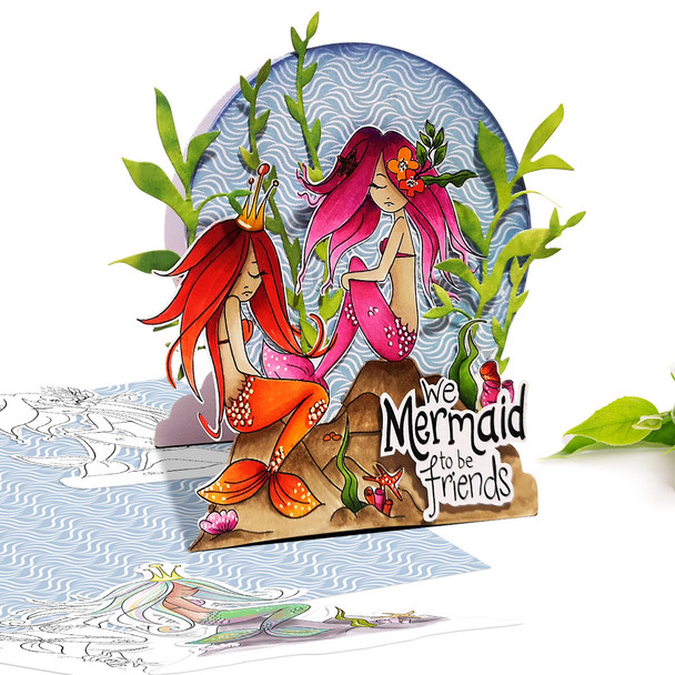 Coral Mermaid on the rocks - printable card making craft digital stamp with SVG outline