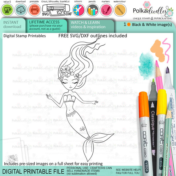 Swimming - Coral Mermaid printable card making craft digital stamp with SVG outline