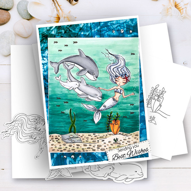 Dolphins - Coral Mermaid printable card making craft digital stamp with SVG outline