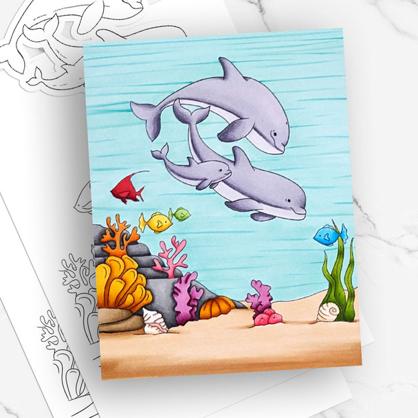 Fish ocean sea underwater colouring scene printable coloring page- card making craft