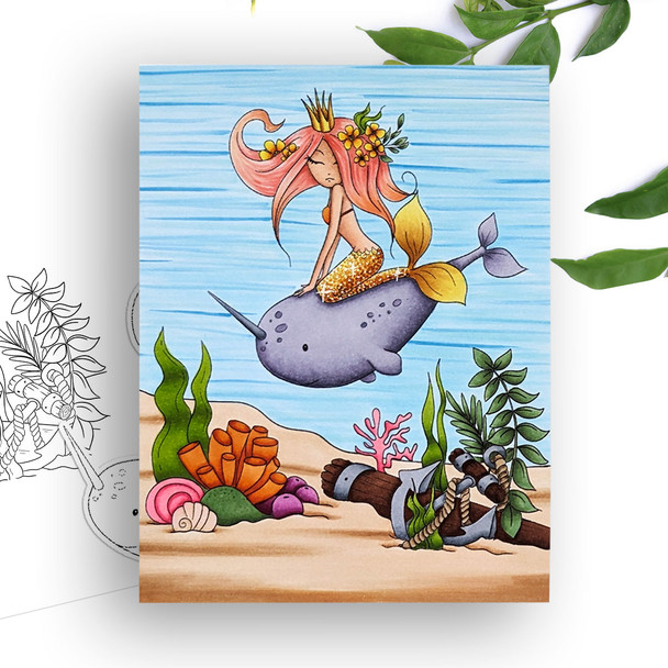 Narwhal whale - Coral Mermaid printable card making craft digital stamp with SVG outline