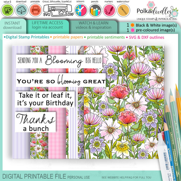 Flower Meadow printable card making craft digital stamp download