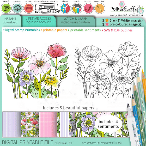 Flower Meadow printable card making craft digital stamp download