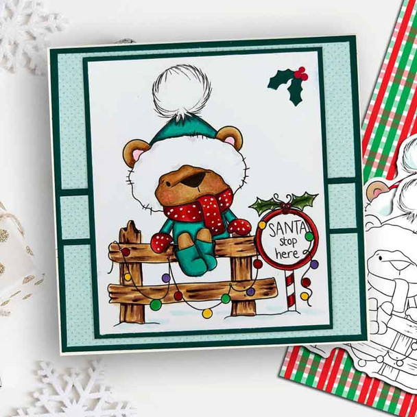 Santa stop here Bella Christmas bear - printable stamp craft card making digital stamp download