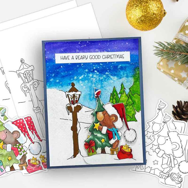 Decorating the Tree Bella Christmas bear - colour clipart printable stamp craft card making digital stamp download